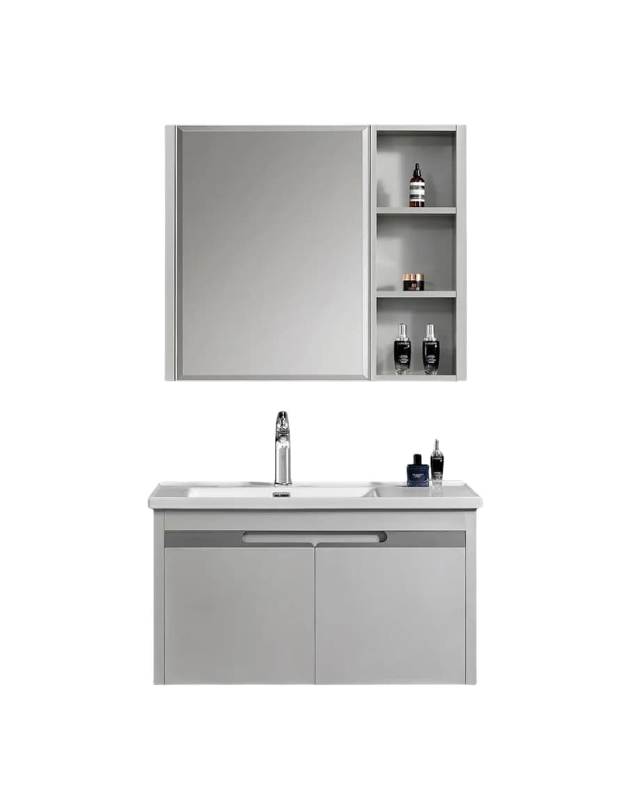 Mobile da bagno contemporaneo Vanity da bagno in acciaio inossidabile Armadietto a specchio a parete Lavabo in ceramica per hotel domestici