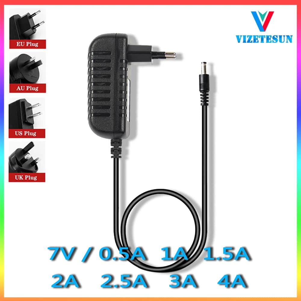 Adattatore di alimentazione DC 7V 0,5A 7V 1A 1.5A 2A 2.5A 3A 4A AC 110V 240V AC DC Adattatore 5.5*2.1mm Spina UE Spina americana