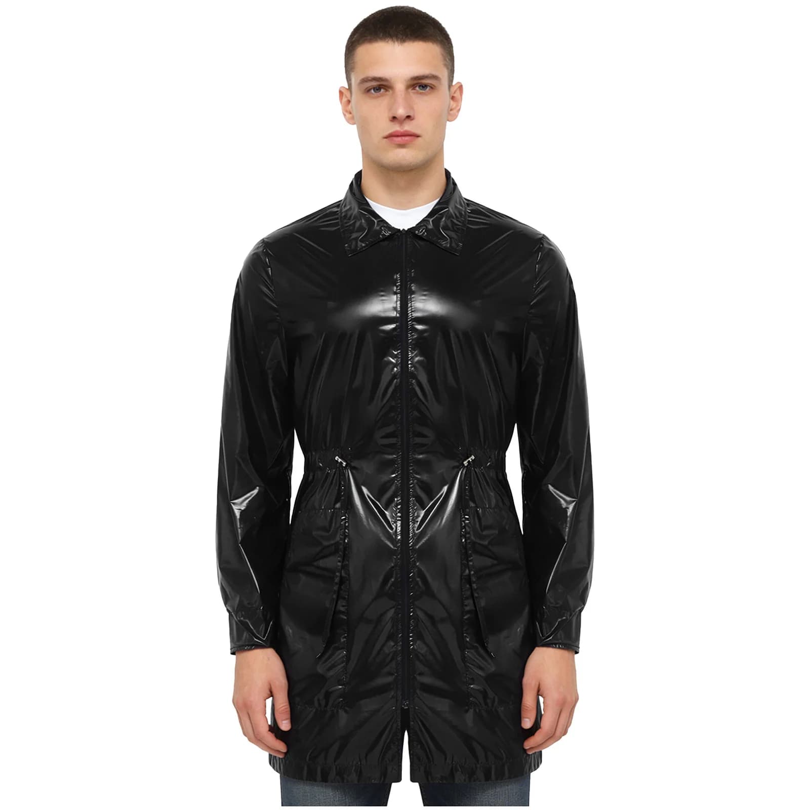 Men's Raincoat Jacket with Pockets, Long Sleeves, Zip Front Closure, Long Coat for Work, Camping, Hiking, Isolated and Waterproof