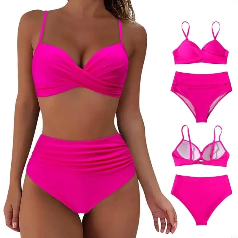 77HC Push Up V Neck Swimsuit for Women Two Piece High Waist Swimwears Ruched Swimsuit