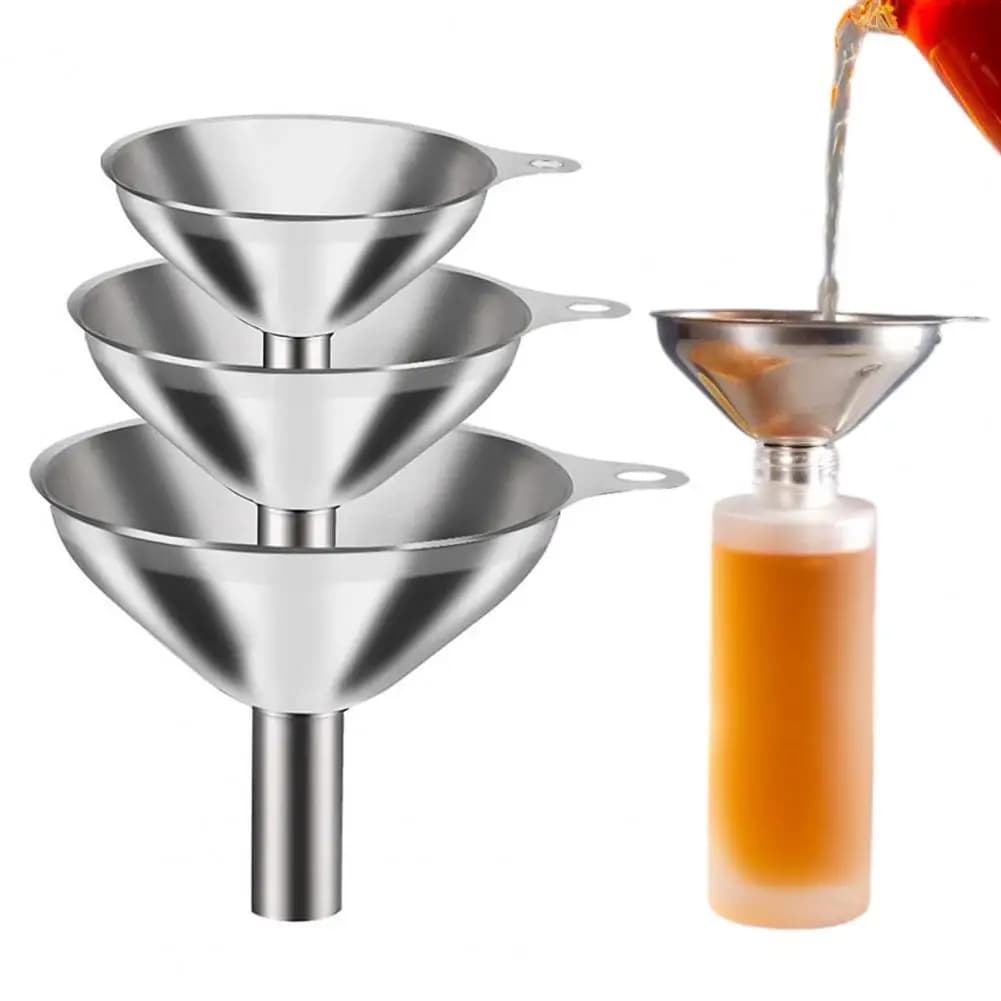 Set di 3 Imboccatori da Cucina in Acciaio Inossidabile con Manico Ergonomico e Anello di Fissaggio, Lavabili in Lavastoviglie, per Bottiglie, Spezie, Olio e Vino