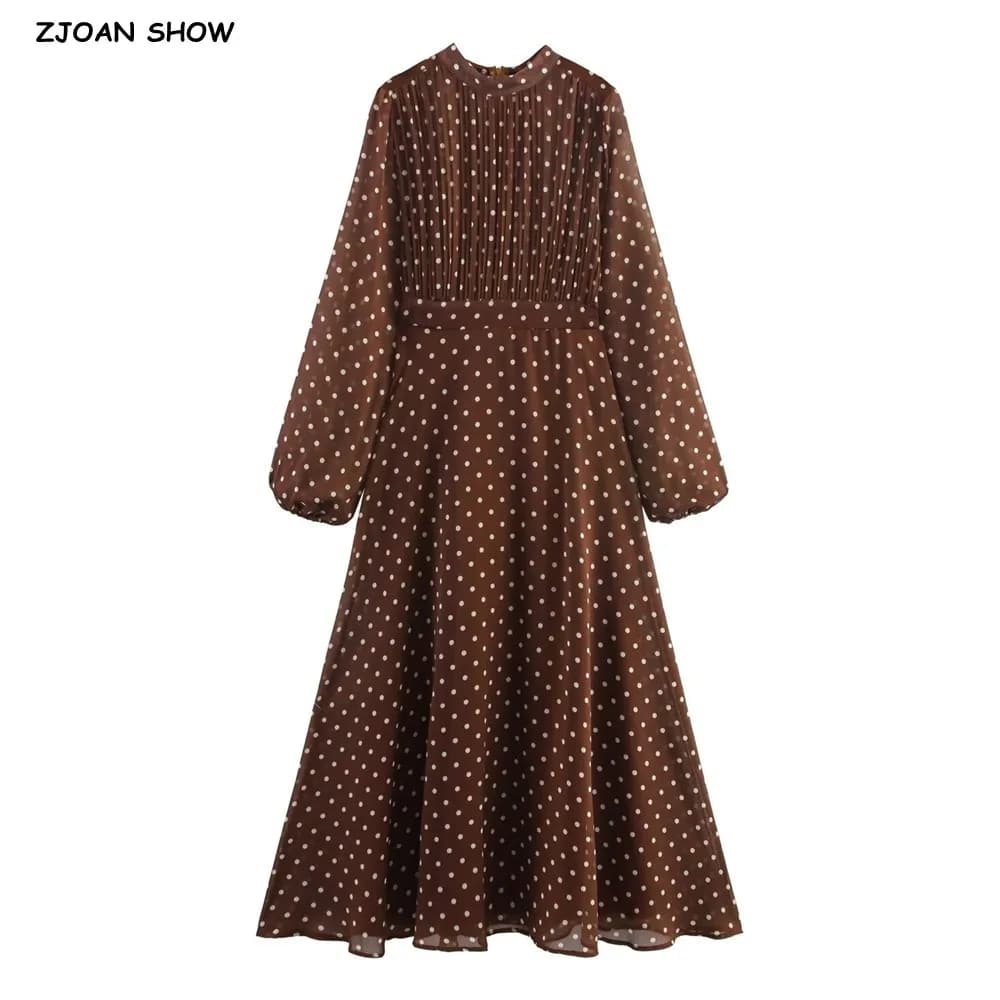 2025 Abito in chiffon con maniche lunghe a sbuffo con stampa a pois marrone vintage Abito da donna con pieghe sul davanti sottile a vita alta alla caviglia