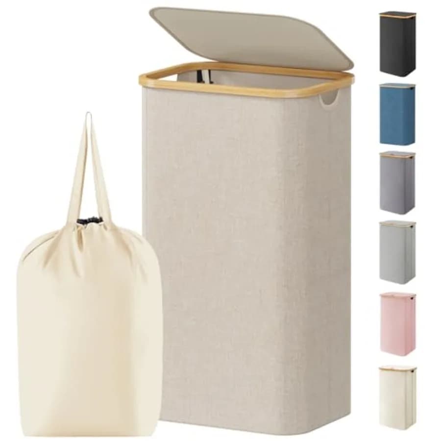 Laundry Basket with Lid, Clothes Hampers for Laundry with Bamboo Handles and 1 Removable Bag, Large Foldable Laundry Hamper for