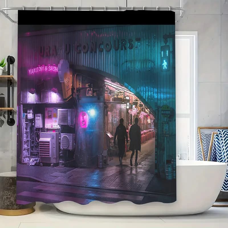 Tenda da doccia giapponese Alley Night City Anime Kyoto Street Photography Sfondo Decorazione per il bagno