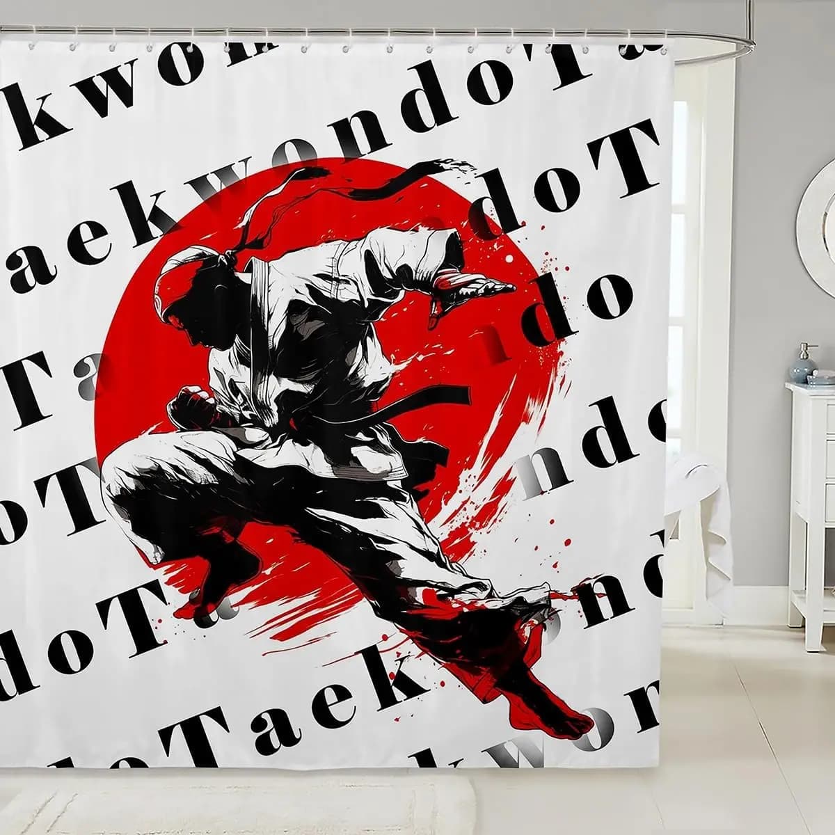 Tenda da doccia Taekwondo Set di tende da doccia in stile giapponese Bambini Ragazzi Ragazze Sport Pittura a inchiostro Uomo Tenda da doccia Acquerello
