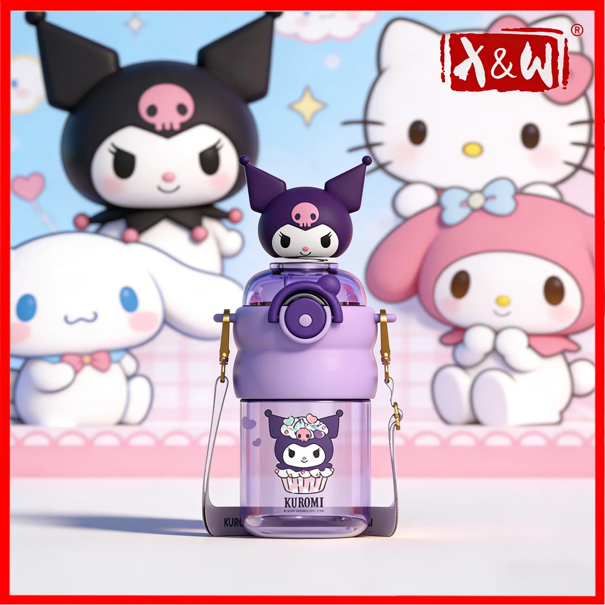X&W 600ML Sanrio Scuotendo la testa Tazza di paglia Tritan + Tazza in PP con bambola che scuote la testa e il trasporto della corda Waterbottle Uso scolastico e in ufficio