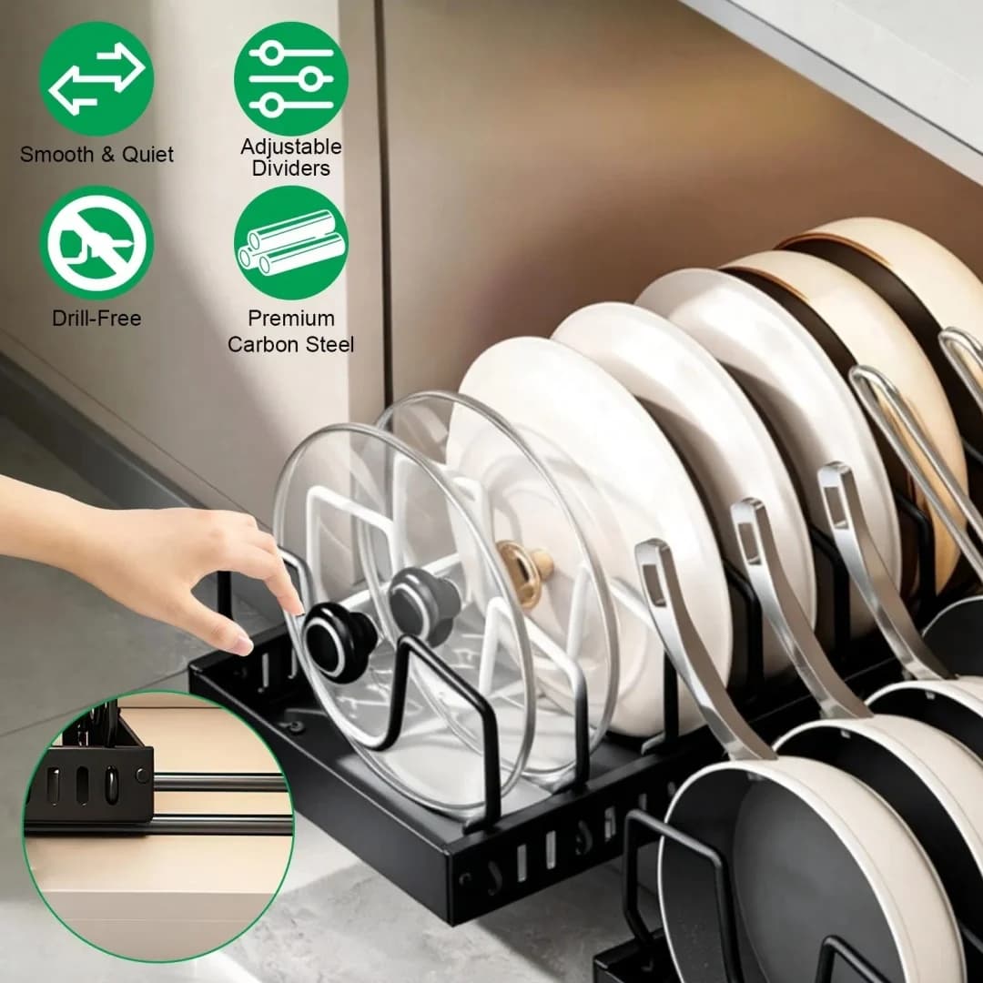 Adjustable Carbon Steel Sliding Cookware Storage Rack, Anti-Rust Pull Out Pan Lid Holder for Cutting Boards Baking Sheets Bakeware-black