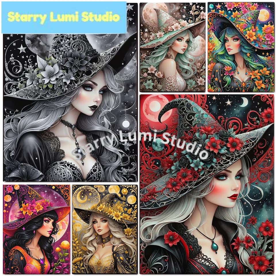 Witch Diamond Painting 5D Full Drill Kit Cartoon Girl Cross Stitch Fantasy Mosaic Picture Home Decor Handicraft