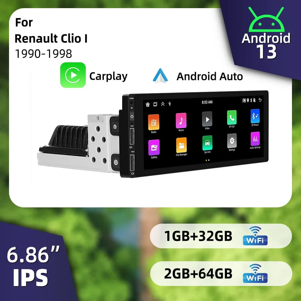 Autoradio Stereo per Renault Clio I 1990-1998 Plug and Play Android con Carplay 1 Din - Schermo da 6.86 Pollici Sistema Multimediale per Auto