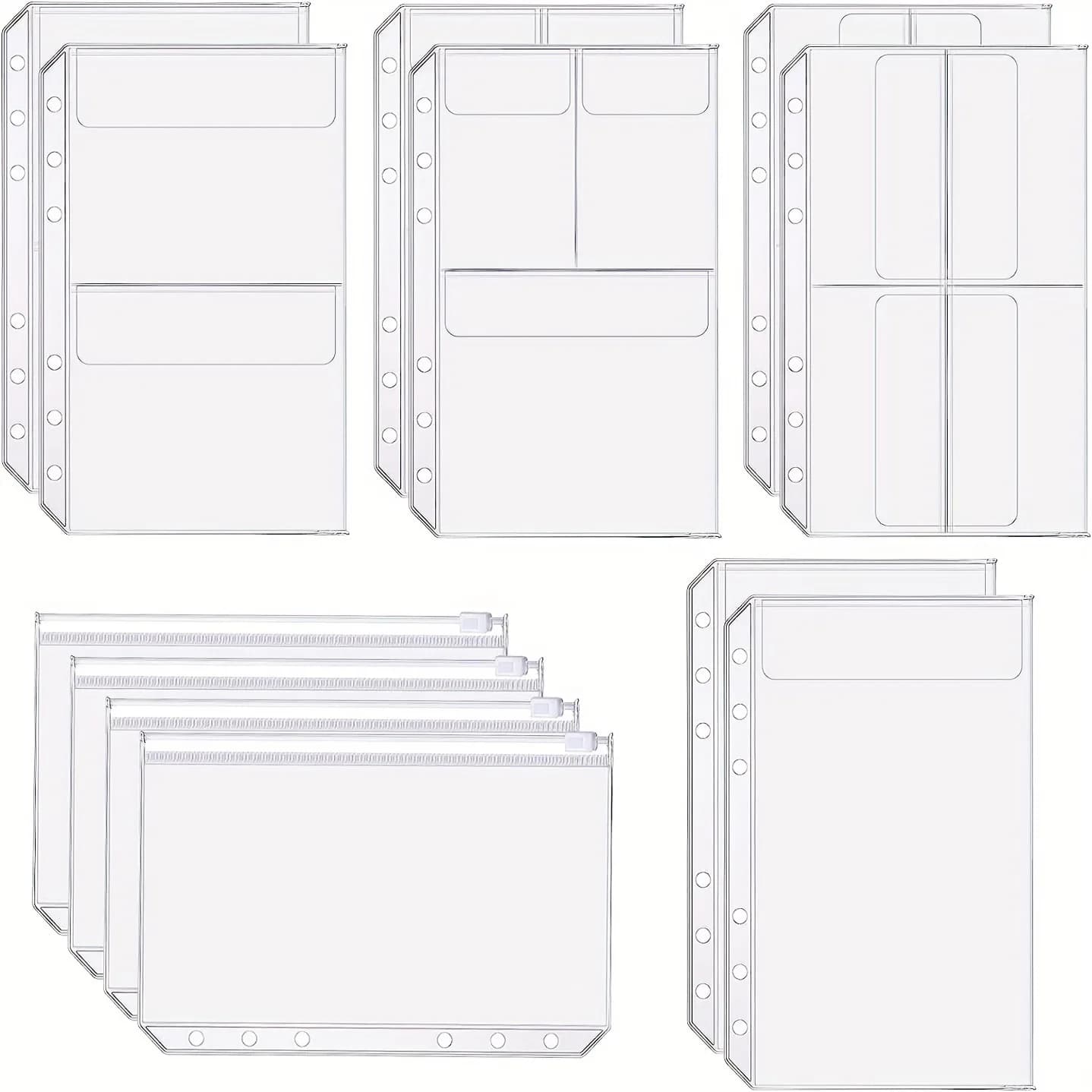 A5 12PCS Bill Folder Business Card Side Pocket Loose-leaf Insert Bag PVC Zipper Bag Storage File Bag Journal Card Holder