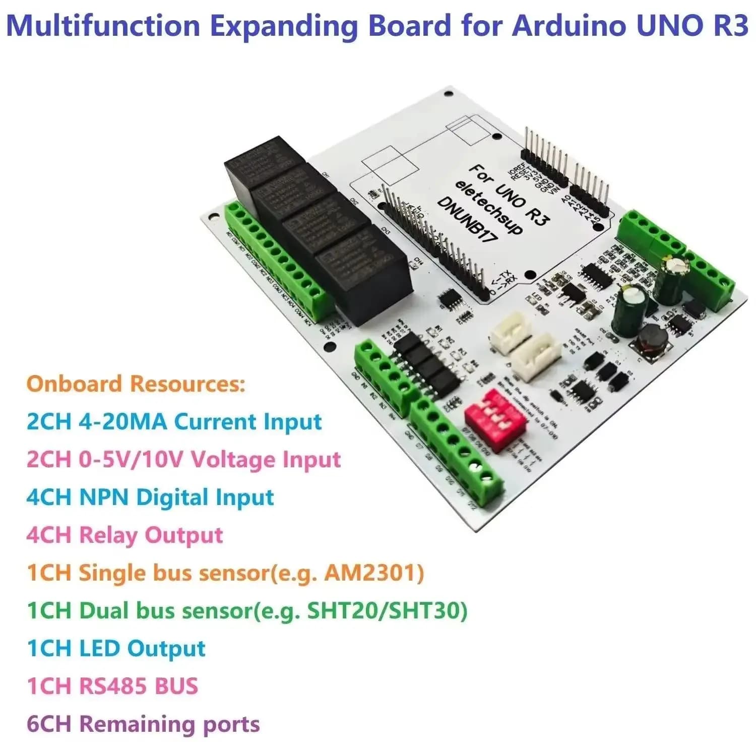 eletechsup DNUNB17 DIN Rail OPEN PLC Expansion Board for Arduino UNO R3 RS485 4CH Relay 4DI 4DO 4AI Temp Humidity IO Module