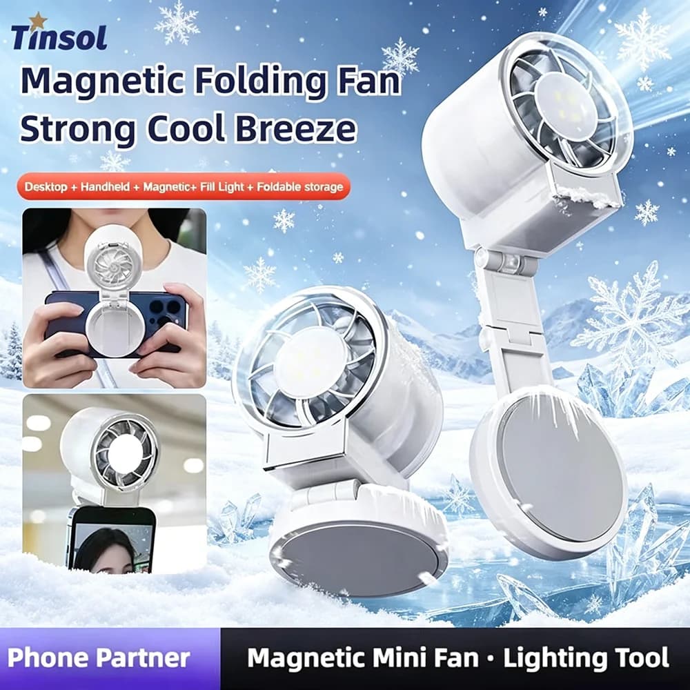 Mini ventilatore portatile TINSOL con luce di riempimento magnetica, mini ventilatore da esterno, mini ventilatore palmare TINSOL per streaming e selfie.