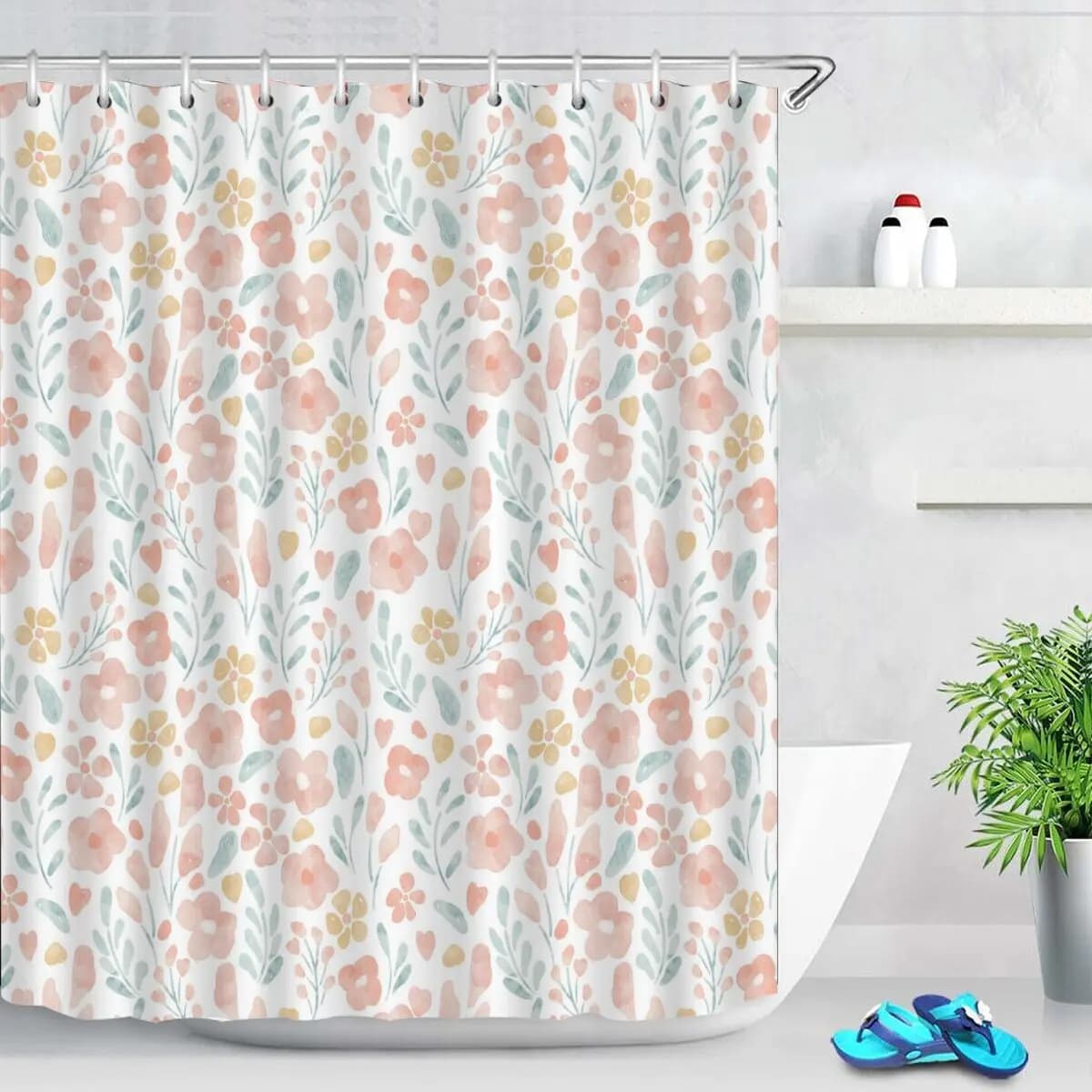 Watercolor Pastel Pink Small Floral Green Leaf Allover Print Shower Curtain Waterproof Mildew Resistant With Plastic Hooks Easy