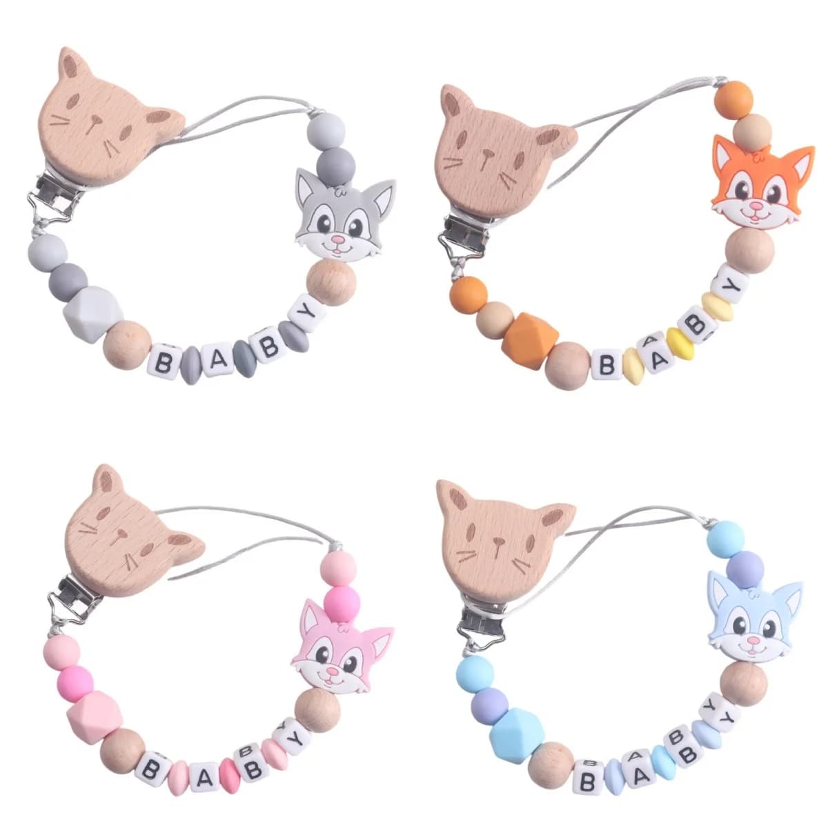 Baby Beech Wood Pacifier Clip Silicone Cat Fox Beaded Nipple Chain For Baby Soother Pacifier Holder Chain Nursing Toy