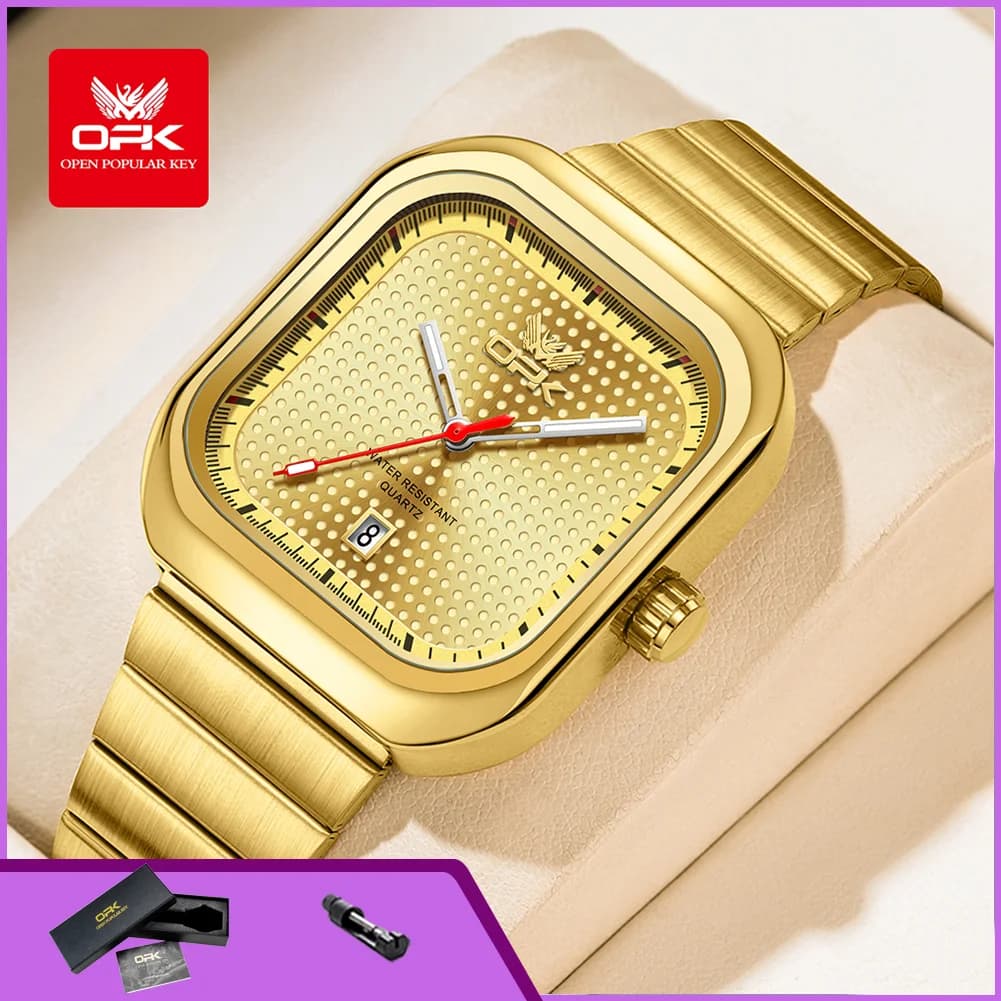 OPK 6041 Square Gold Quartz Watch for Man Auto Date Luminous Steel Waterproof Luxury High Quality Men's Business Wristwatch