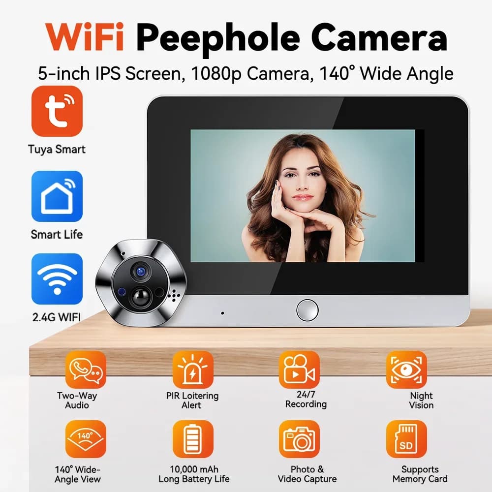 Smart Tuya WiFi Peephole Doorbell 1080P HD Night Vision PIR Human Detection Monitor Two-Way Talk 10000mAh Battery Long Standby