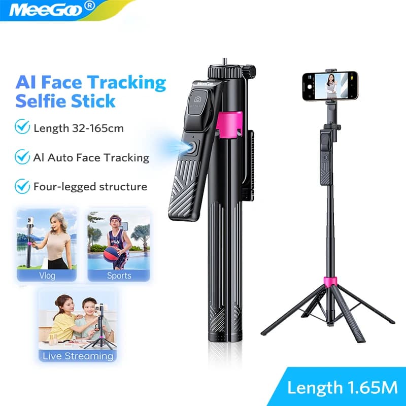 Treppiede Intelligente AI con Gimbal e Asta Selfie Pieghevole a 360° ° Supporto per smartphone con gimbal per il tracciamento automatico del viso e funzione di inseguimento automatico, tutto in uno.