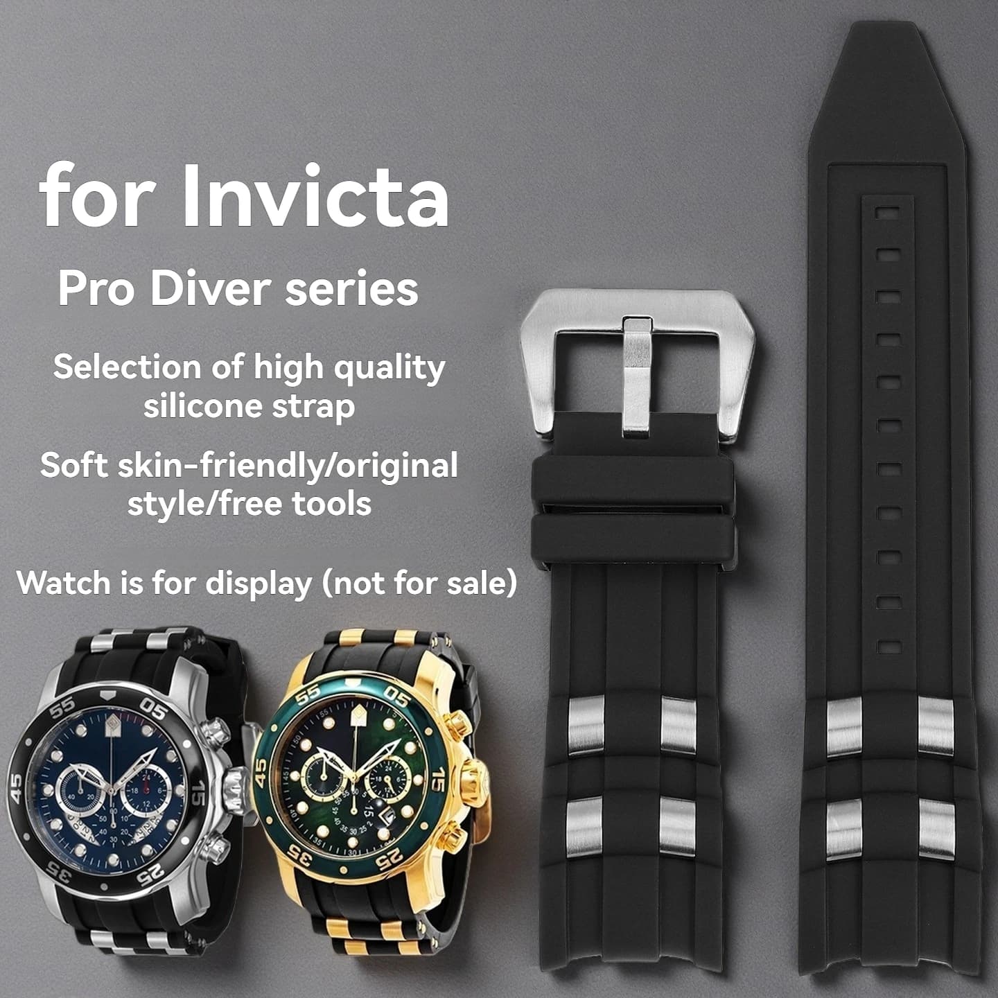 Cinturino per orologio Invicta Russian Diver da 26 mm - Cinturino in gomma siliconica con granelle di metallo, braccialetto subacqueo professionale per uomo/donna