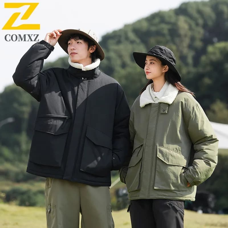 COMXZ 2025 Men Women's Couple Solid color Korean collar Laminated in Sherpa Workwear Casual winter jacket Fashionable light coat