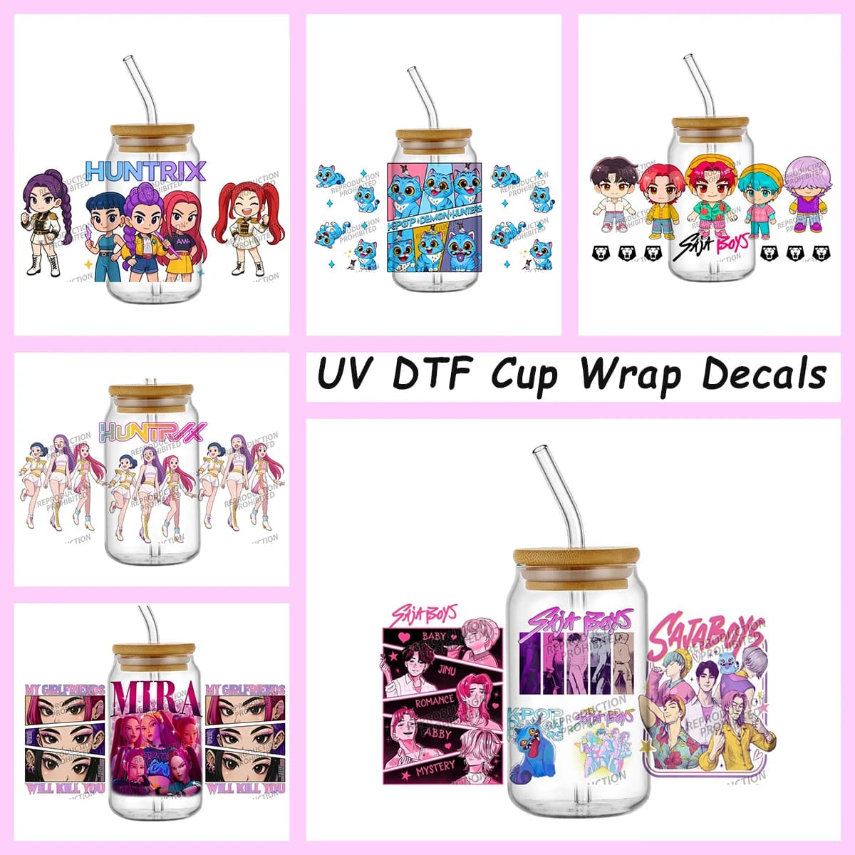 DTF UV stickers for Saja Boys K-POP Team cups, for 16oz Libbey glasses, eye-catching design with pop stars, cup decorations.