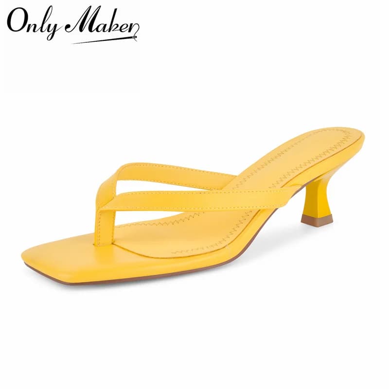 OnlyMaker Women Square Toe Thong Sandals 5CM Kitten Heel Mules Flip Flops for Party Daily Wear Slip-On Summer Sandals