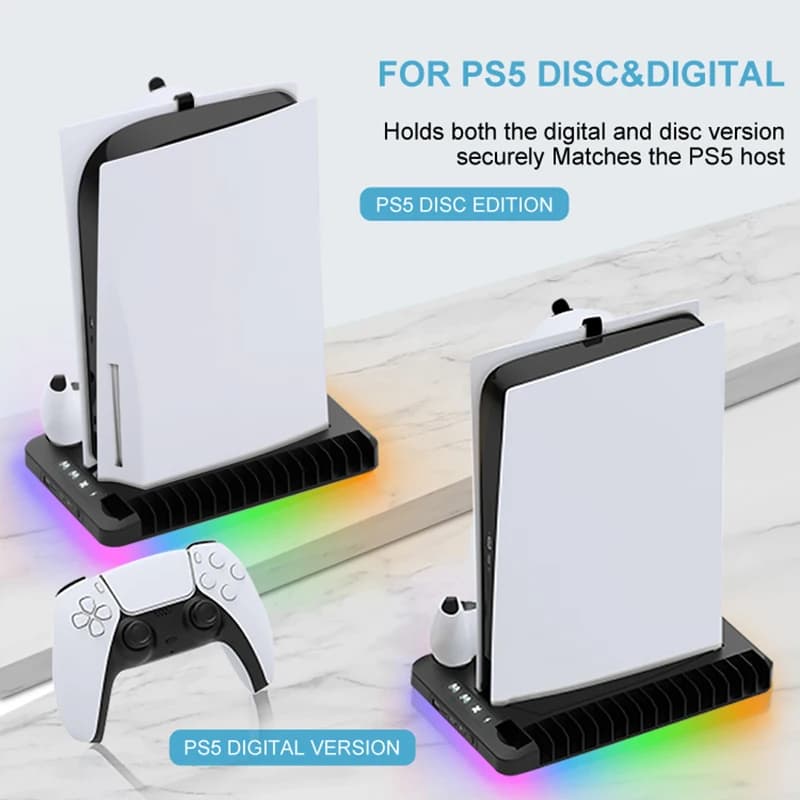 Supporto di raffreddamento per PS5/PS5 Slim/PS5 Pro con gancio per cuffie e ventola di raffreddamento a 3 livelli, stazione di ricarica per console di gioco