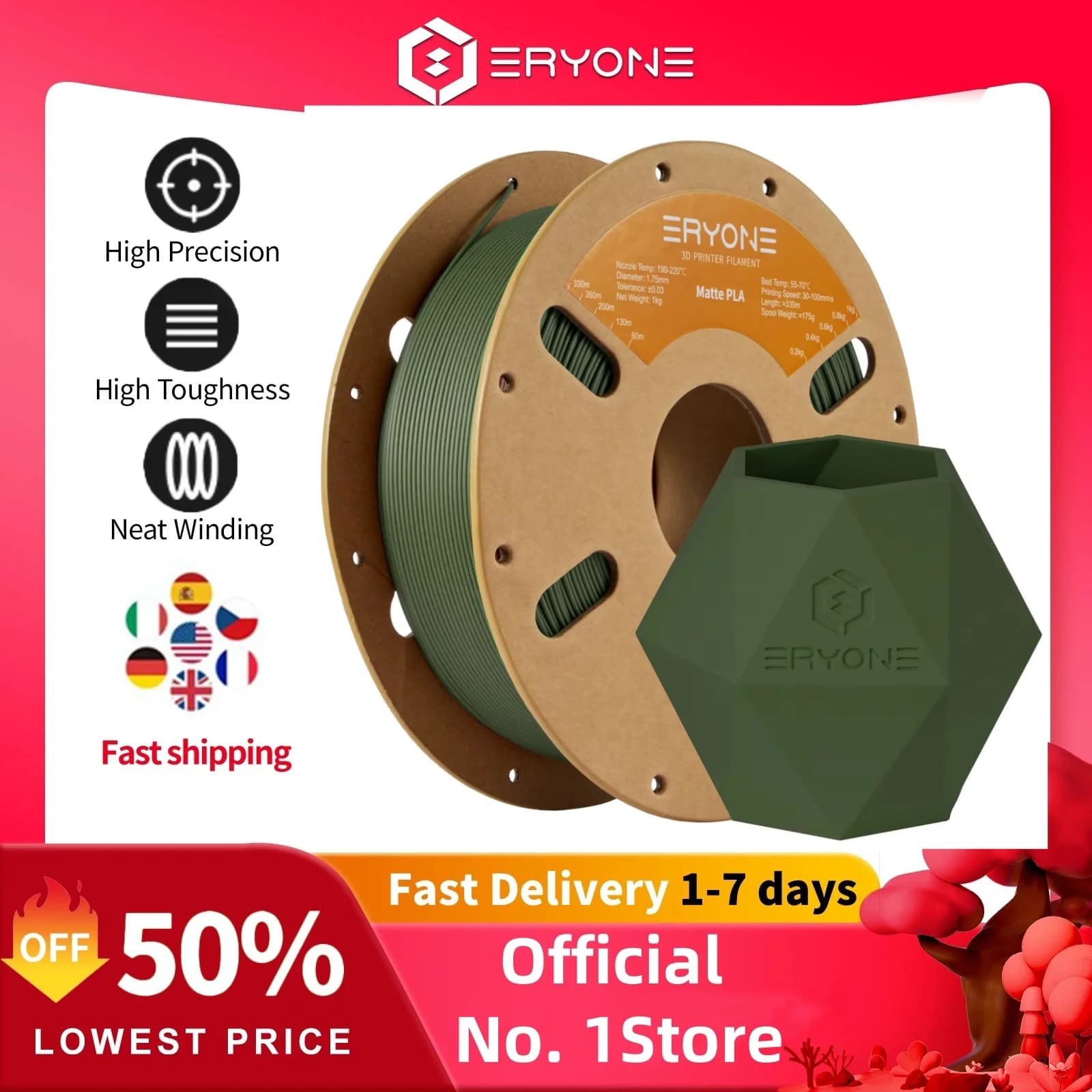 ERYONE 1/3/5/10KG Filament PLA Premium matte 1,75mm 3D printing, multicolor available, big sale matte plastic filament, 1KG/bobina