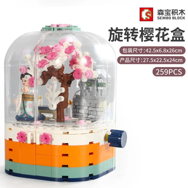 259 Pezzi Serie Creativa Scatola Rotante con Fiori di Ciliegio, Blocchi da Costruzione, Scena Urbana, Casa sull'Albero di Sakura, Mattoncini Giocattolo per Bambini, Regali
