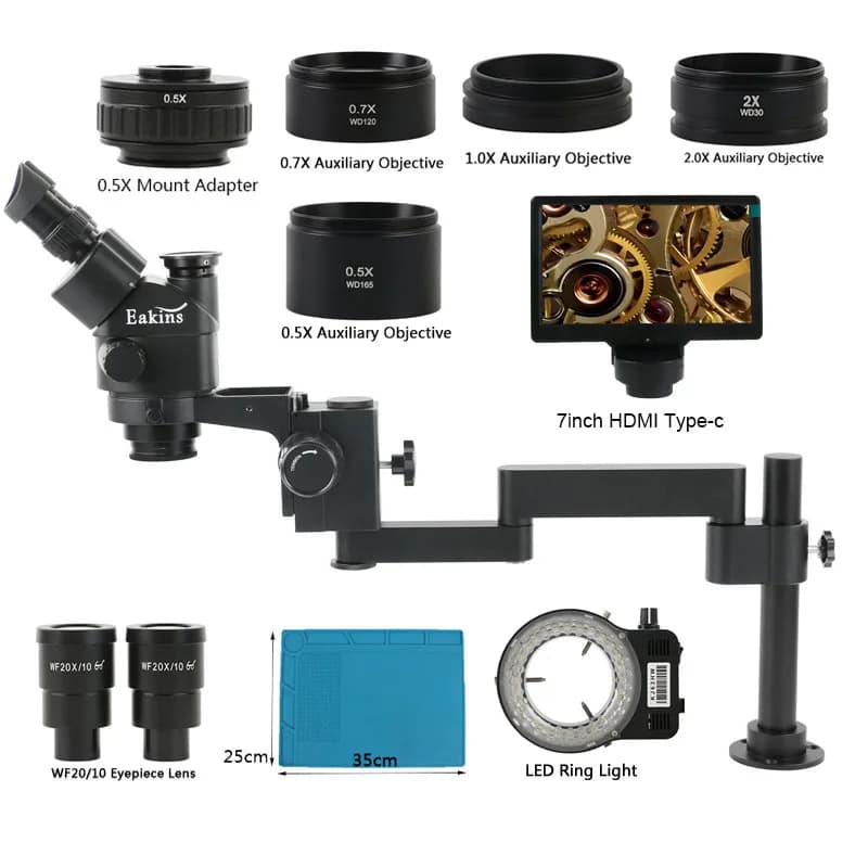 Microscopio Stereo Trinoculare con Zoom 3.5X-180X, Supporto con Braccio Girevole, Schermo LCD Integrato da 7"/10.1"/13.3", Videocamera Digitale per Misurazioni