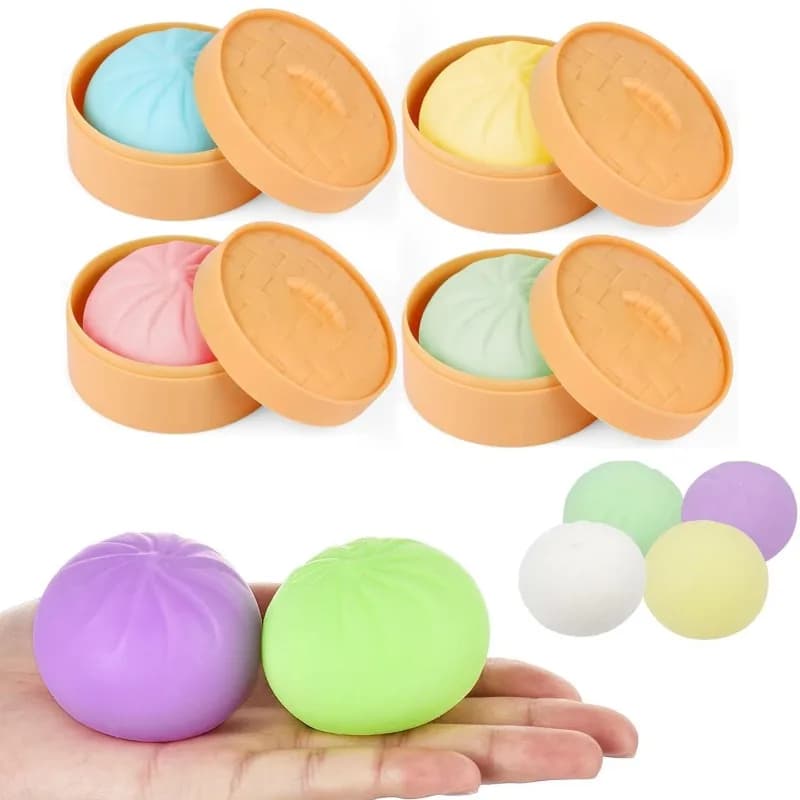 Hot Colorful Dumpling Squishes Stress Balls Fidget Sensory Toys Simulation Food Squishies Bun with Steamer Squeeze Dough Ball