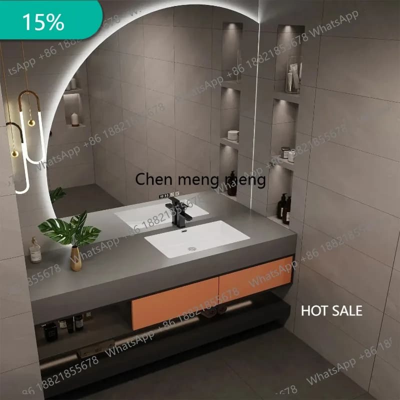 Mobile Bagno F178 70-180cm in Ardesia con Lavabo Integrato, Specchio Semicircolare e Mobile in Legno Massello