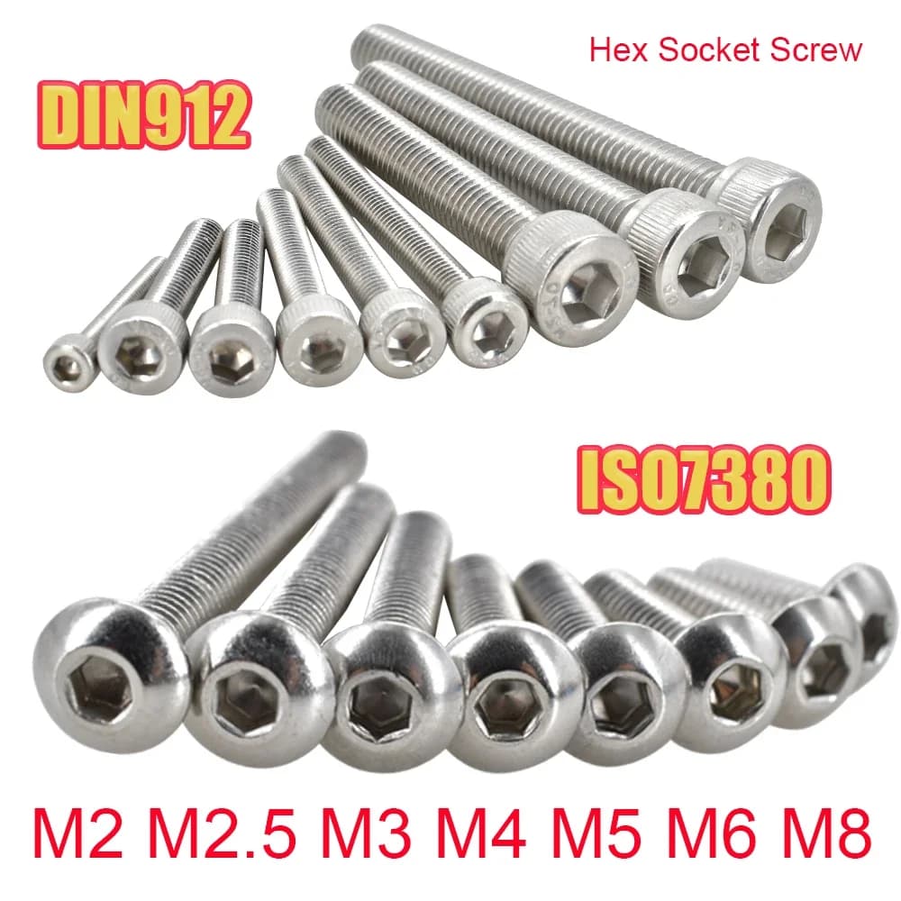 5-55 pz 304 Rotondo In Acciaio Inox ISO7380 Bullone A Brugola DIN912 Esagonale Esagono Incassato Vite A Testa M2 M2.5 M3 M4 M5 M6 M8 L = 4-55mm