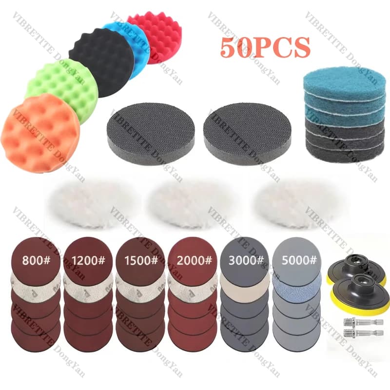 Kit carta vetrata bagnata e asciutta da 3 pollici 75 mm 50 pezzi con tampone per lucidatura Tampone abrasivo in spugna per ceratura automatica con carta vetrata per dettagli auto
