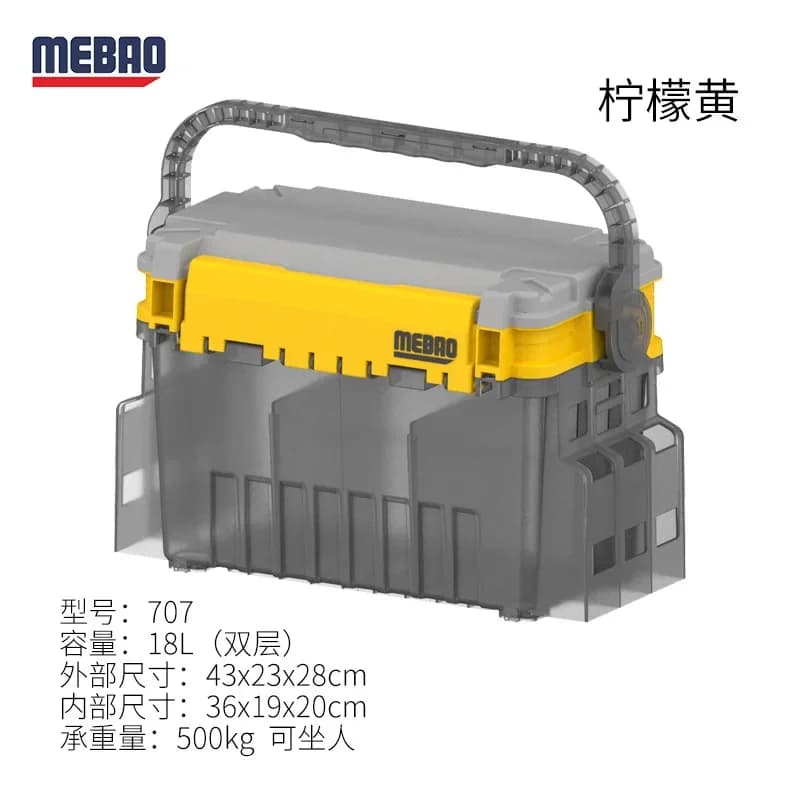 MEBAO New 18L Multiuse Double Layer Lure Tackle Box With Rod Holder Portable Sit-able Heavy Duty Outdoor Fishing Storage Box