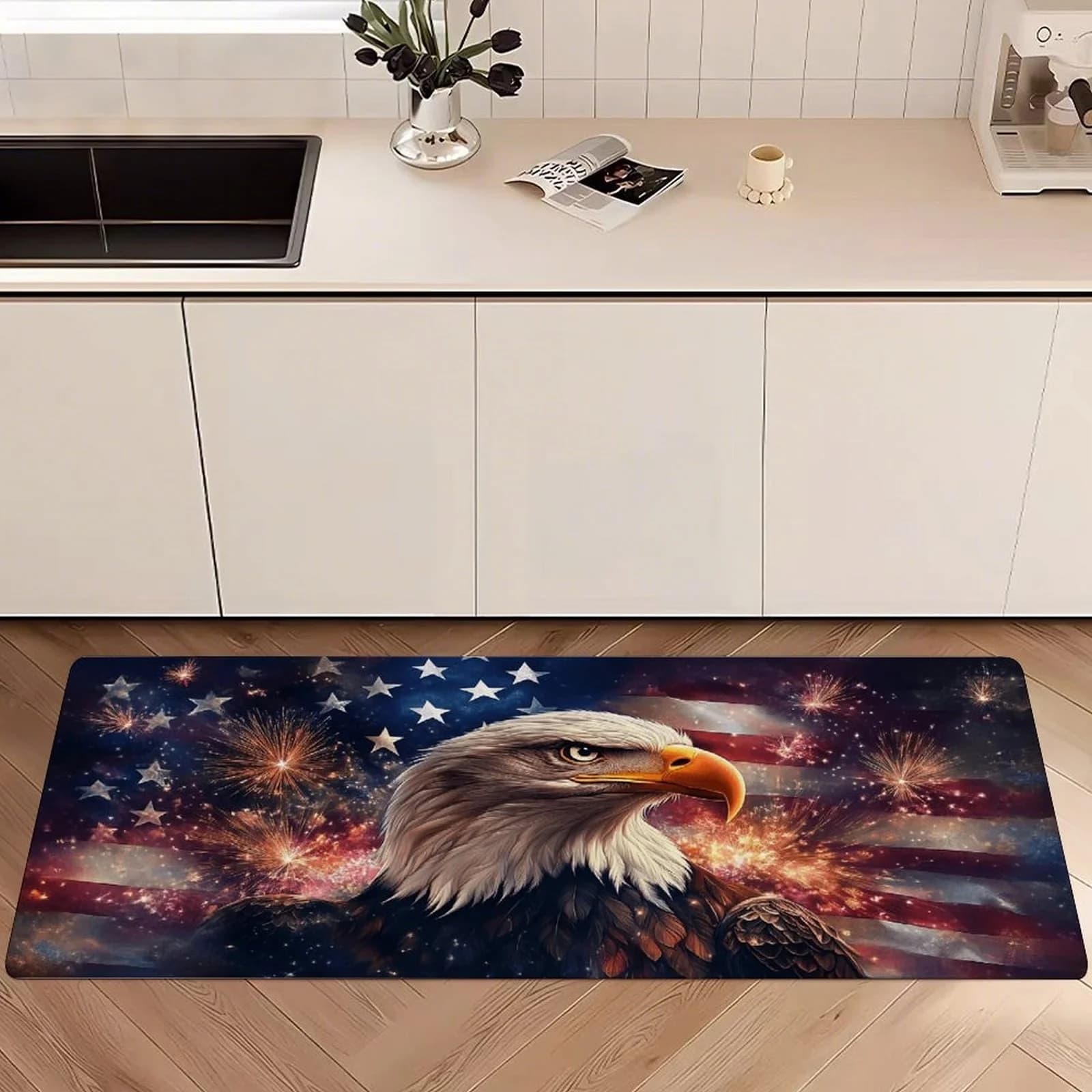 Long Carpet with American Flag, Eagle and Fireworks, Decorative Carpet for Home, Kitchen, Entrance and Interior