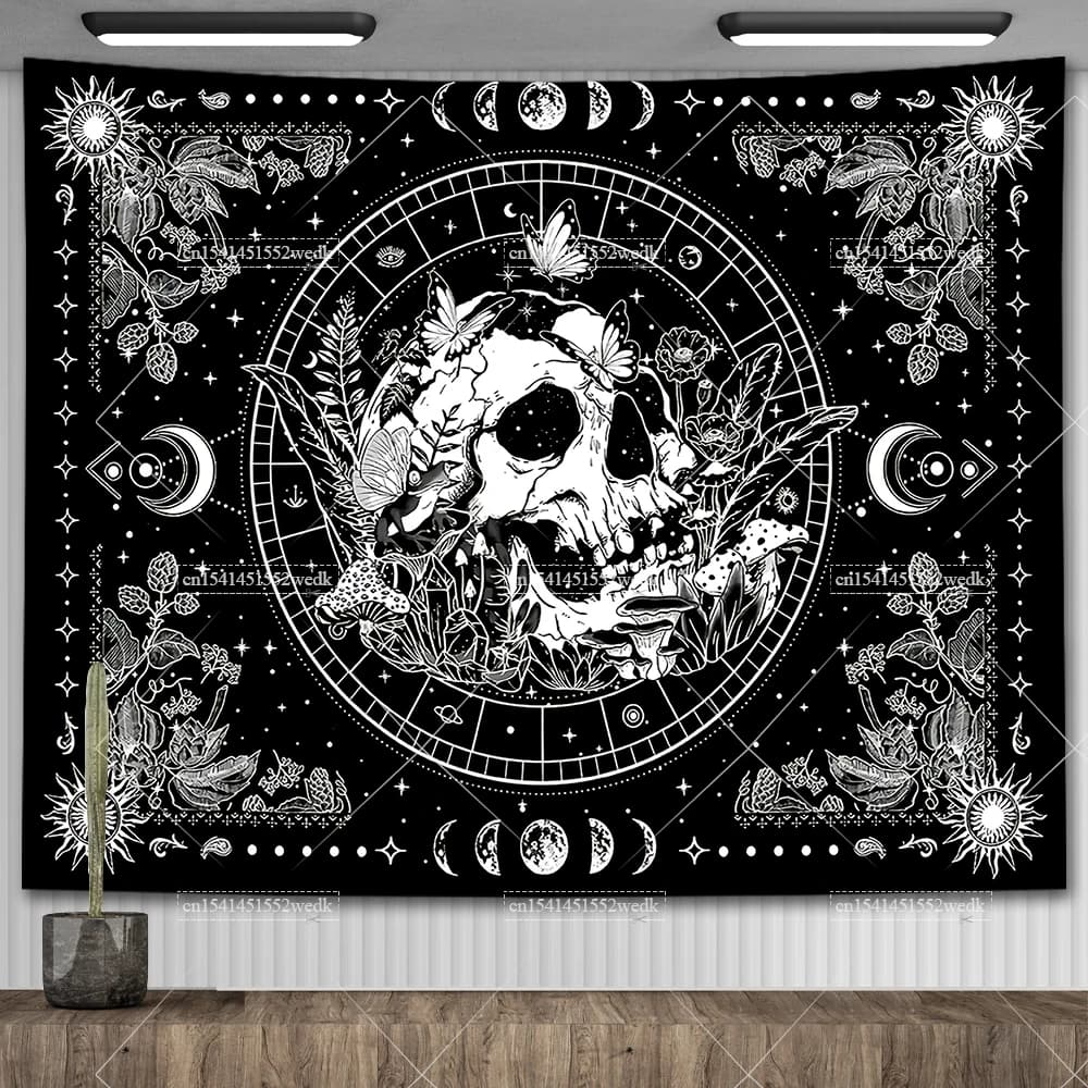 Black And White Skeleton Tapestry Skull Mushroom Tapestry Wall Hanging Aesthetic Plants Floral Flowers Tapestries For Bedroom