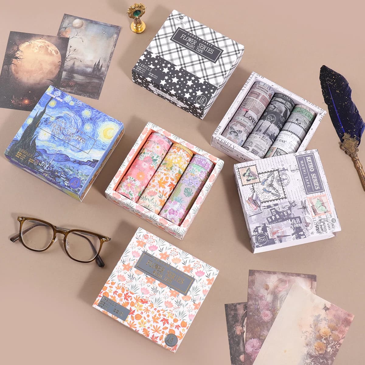 Vintage Floral Washi Tape Set 18 Rolls, Scrapbooking & Journaling Supplies Kit, Creative DIY Decorative Tape Gift