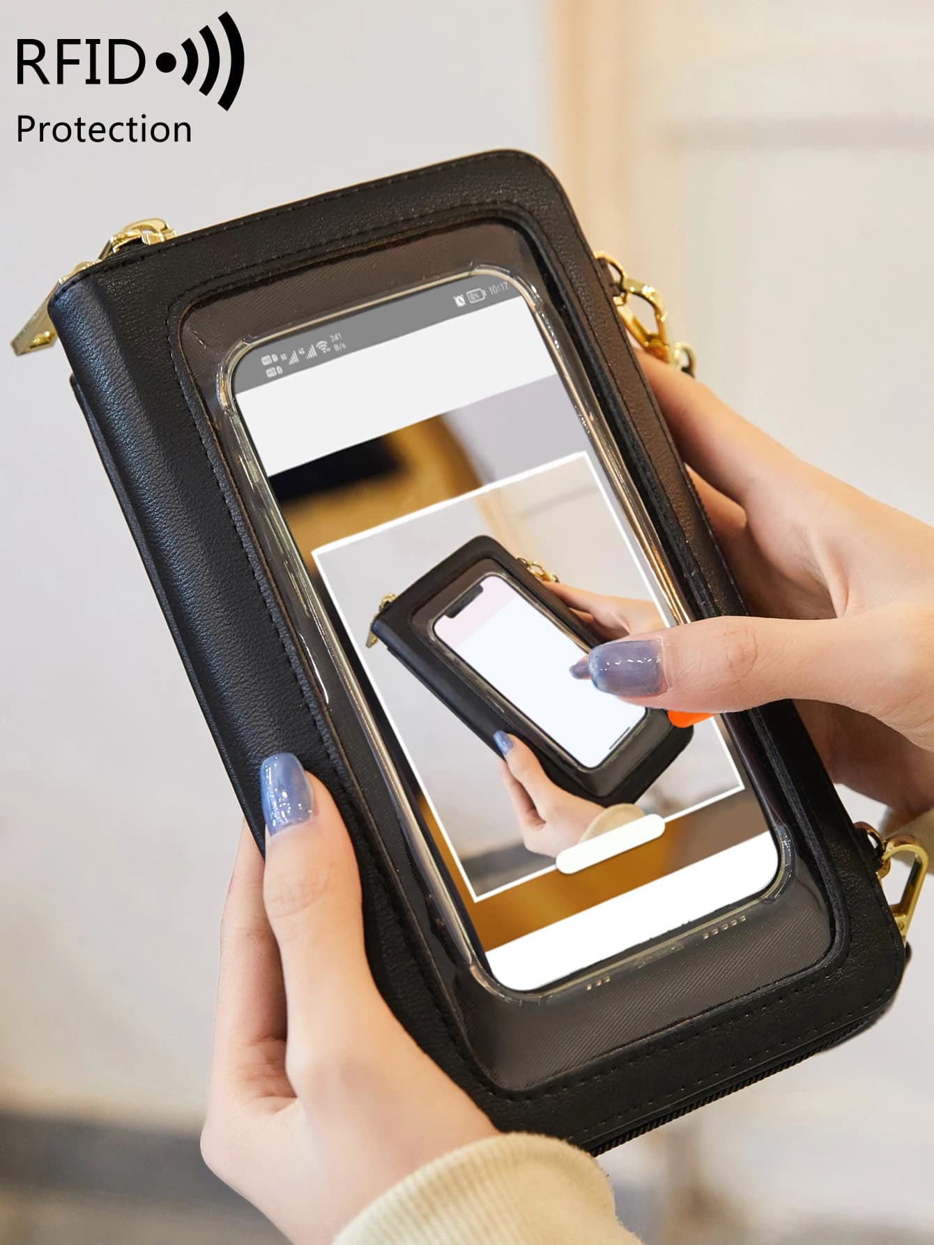 Fashionable touchscreen mobile wallet for women: elegant tilt design in solid color with adjustable shoulder strap with secure zipper wallet