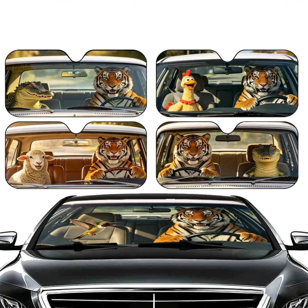 Parasole per parabrezza Premium 1P-A Tiger Driving A Car, isolamento termico e protezione UV, miglior regalo per auto