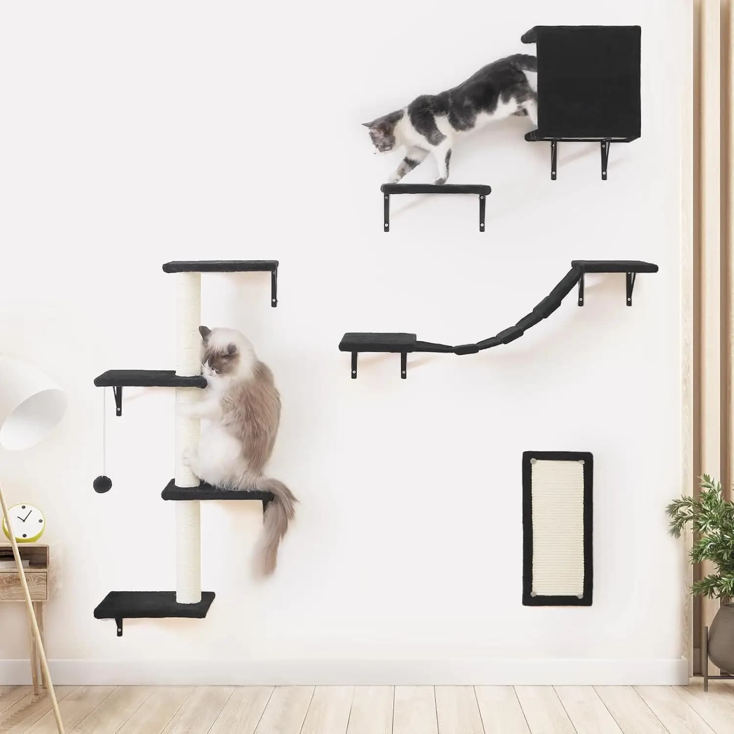 Set di mobili per gatti da parete: ripiani da 5 pezzi con casa, ponte, albero, gradini, tiragraffi in nero