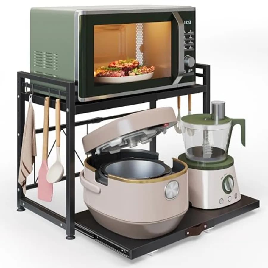 Supporto Espandibile per Microonde, Scaffale Organizzatore da Cucina in Metallo con 8 Ganci, Scaffale Estraibile per Microonde, 55L