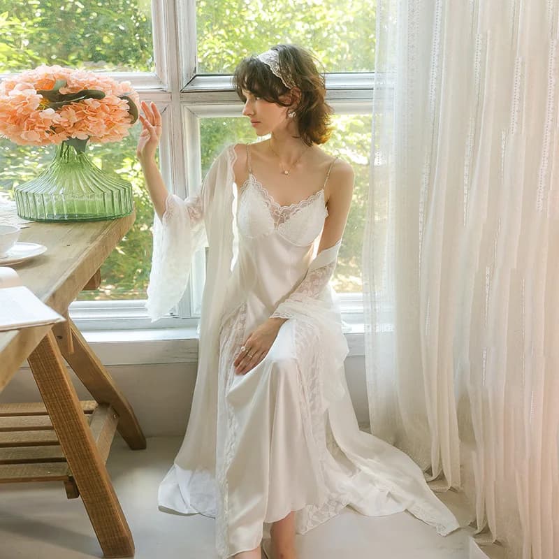 Women's Sleepwear Sexy Lace Long Robe Nightgown Set Summer New Sleepwear Bathrobe Kimono Yukata Gown Elegant Rayon Homewear