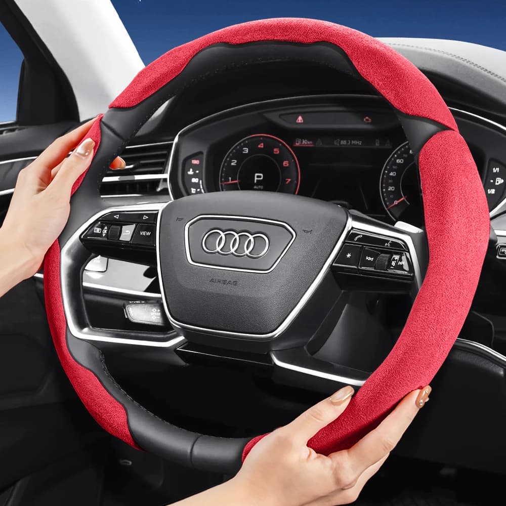 Scamosciata Leather Cover for Audi Sport, Anti-slip Style, Compatible with Models like Q5, Q3, A4, Q7, Q8, Q4, Q6, E-Tron, A3, A5, A7, Q2, etc., in Black and Red