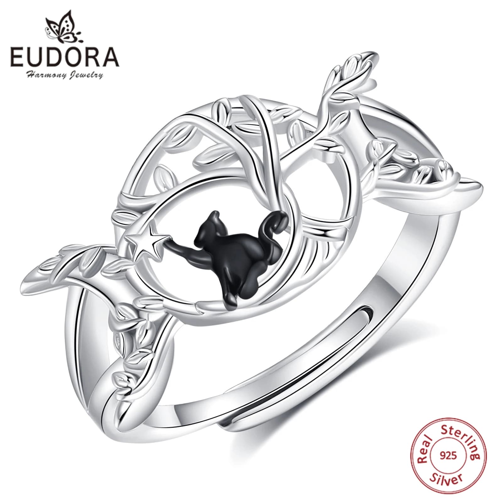 Anello Regolabile Eudora in Argento Sterling 925 con Gatto Nero, Albero della Vita, Tripla Luna e Stella, Gioiello Wicca Pagano, Regalo per Donne