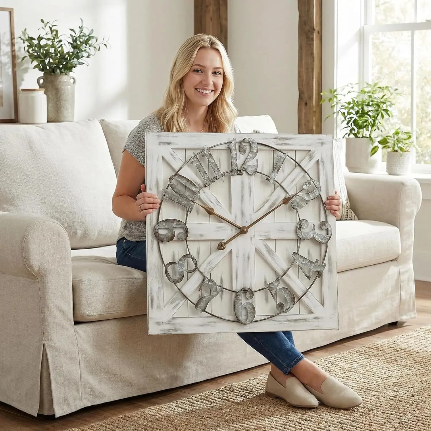 Grande Orologio da Parete Rustico in Legno Bianco da 24 Pollici con Insegna Reversibile, Perfetto per Arredamento Rustico e Regali