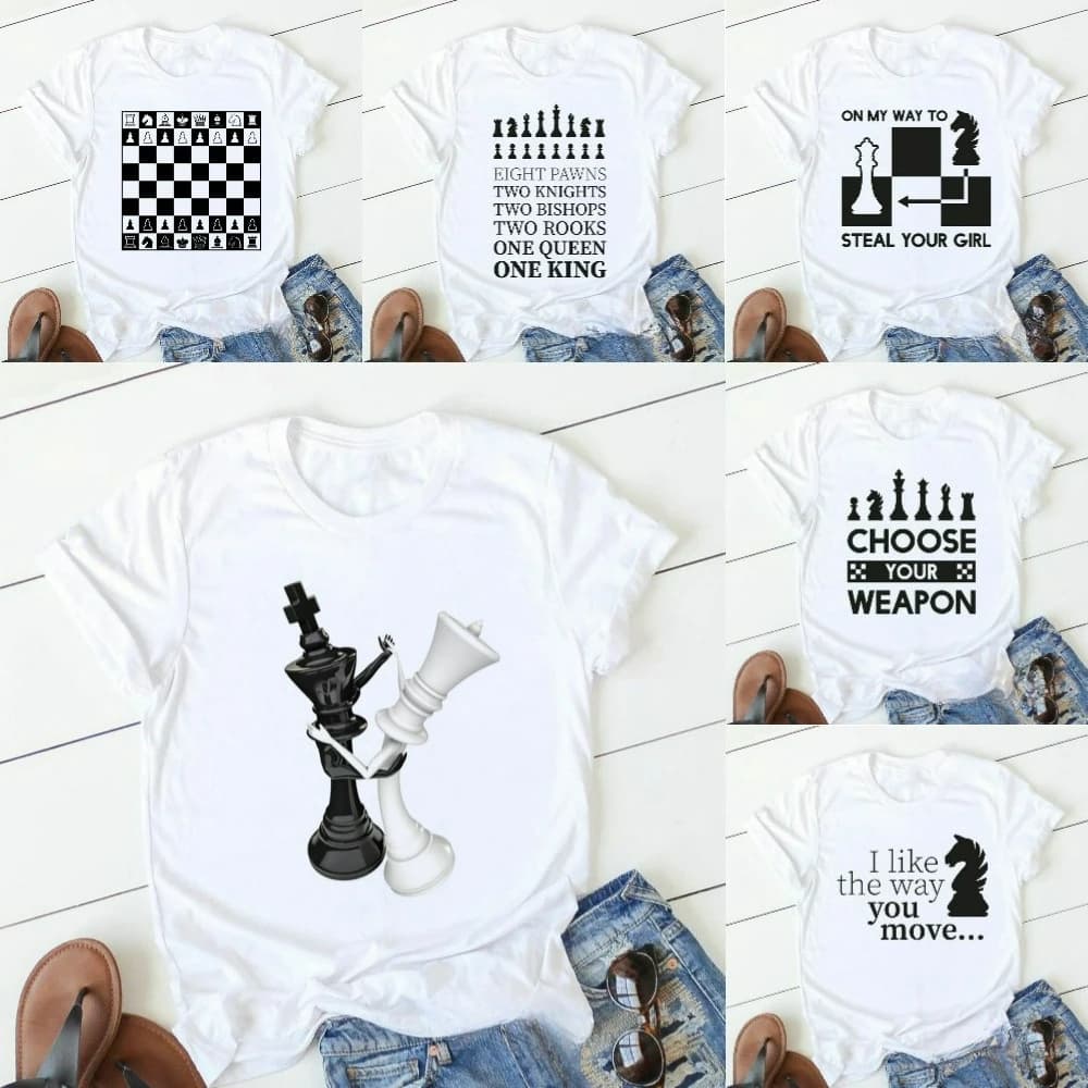 T-shirt degli scacchi creativa Il gioco Scacchi Stampa Magliette divertenti Uomo Donna Unisex Casual Top T-shirt bianca Magliette grafiche Streetwear