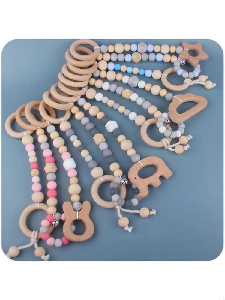 Beech Wooden Ring Teether Baby Gym Frame Pendant & Silicone Beads Sustainable Baby Gym Set Easy to Carry for Infant