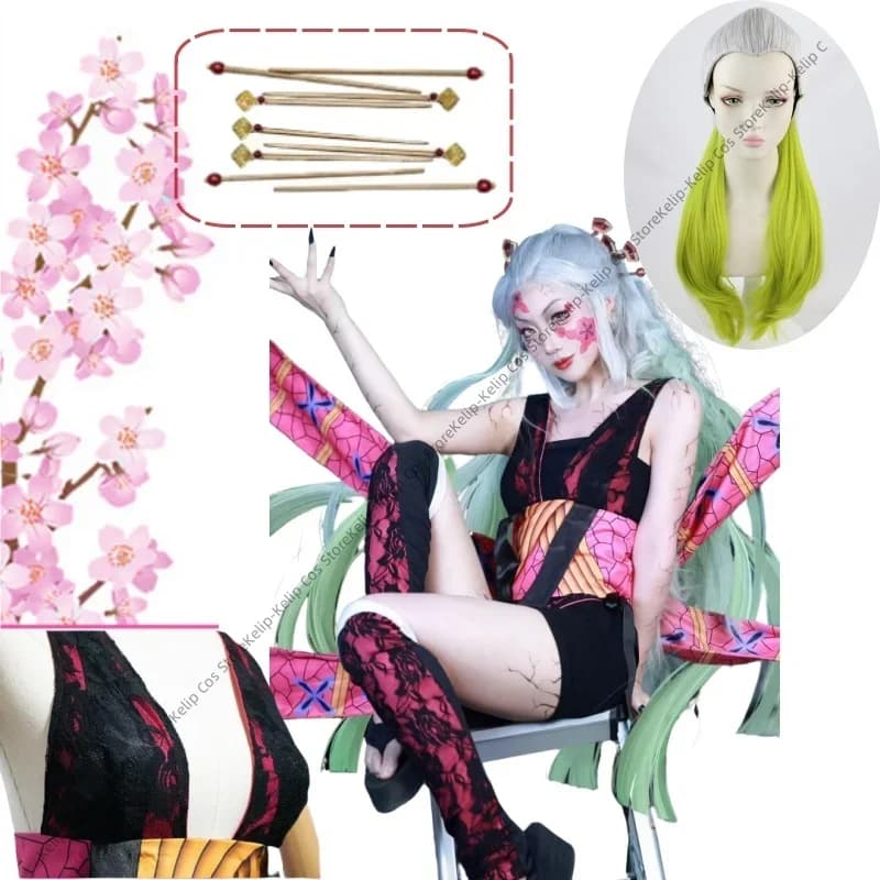 Demon Daki Cosplay Costume Headwear sock Anime Kimetsu No Yaiba Green Headwear Upper Rank Six Entertainment District Arc