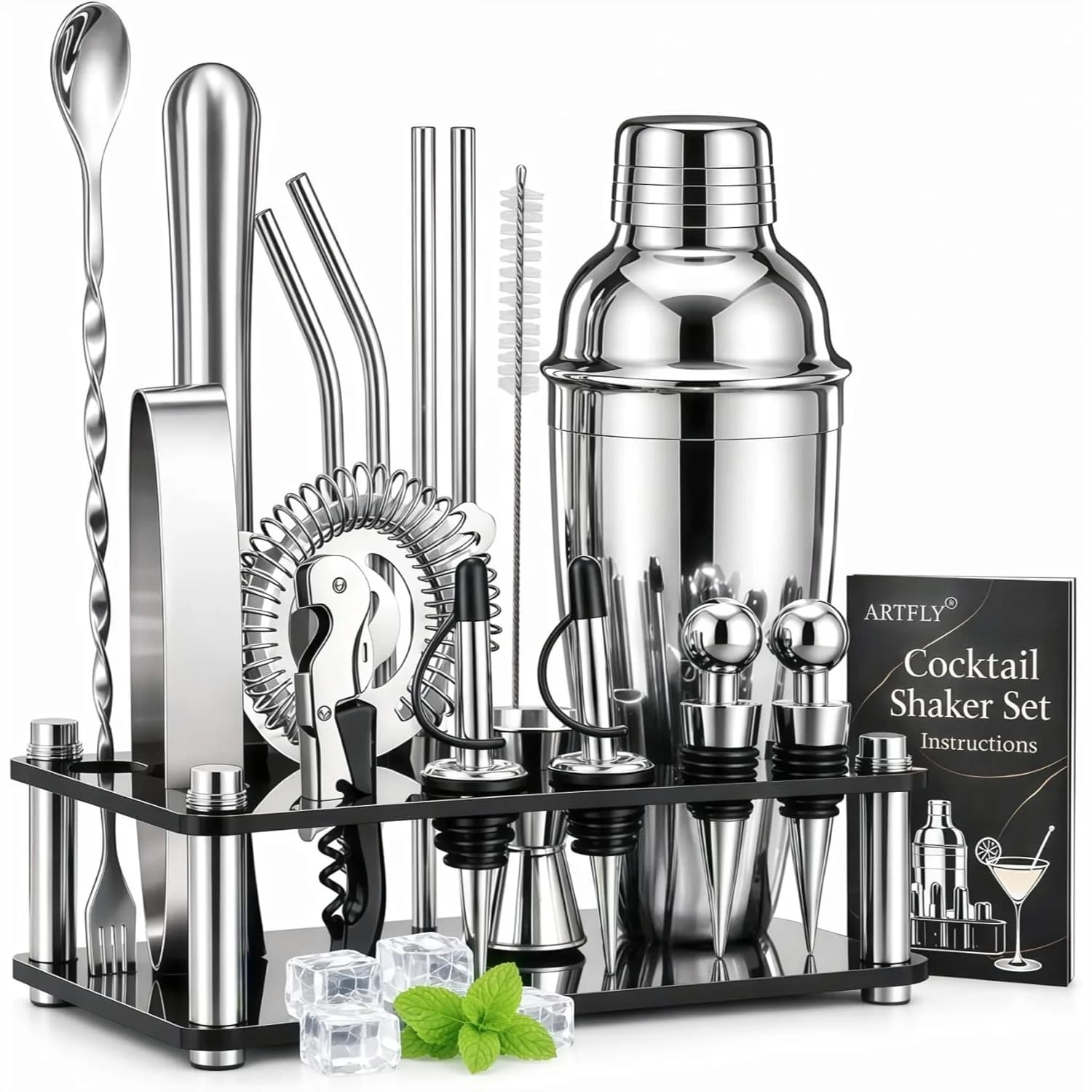Set da Cocktail 18 Pezzi con Supporto in Acrilico, Utensili da Bar in Acciaio Inossidabile per Casa