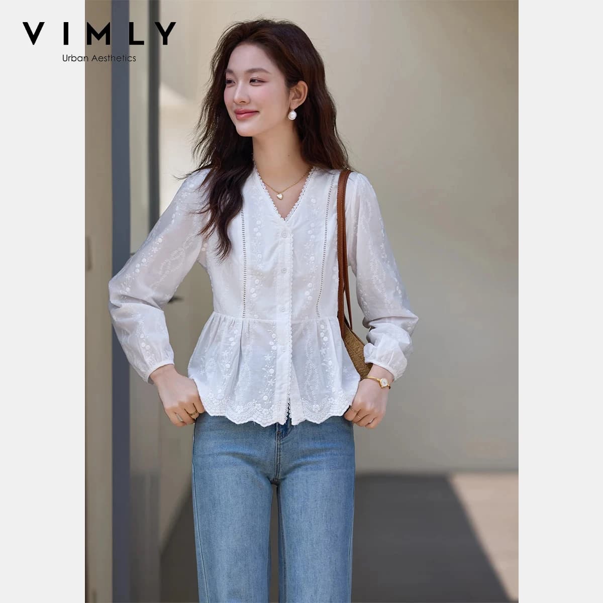 VIMLY Women's White V-Neck Blouse 2026 Spring New 100% Cotton French Jacquard Embroidery Lace Trim Patch Long Sleeve Shirt 30806